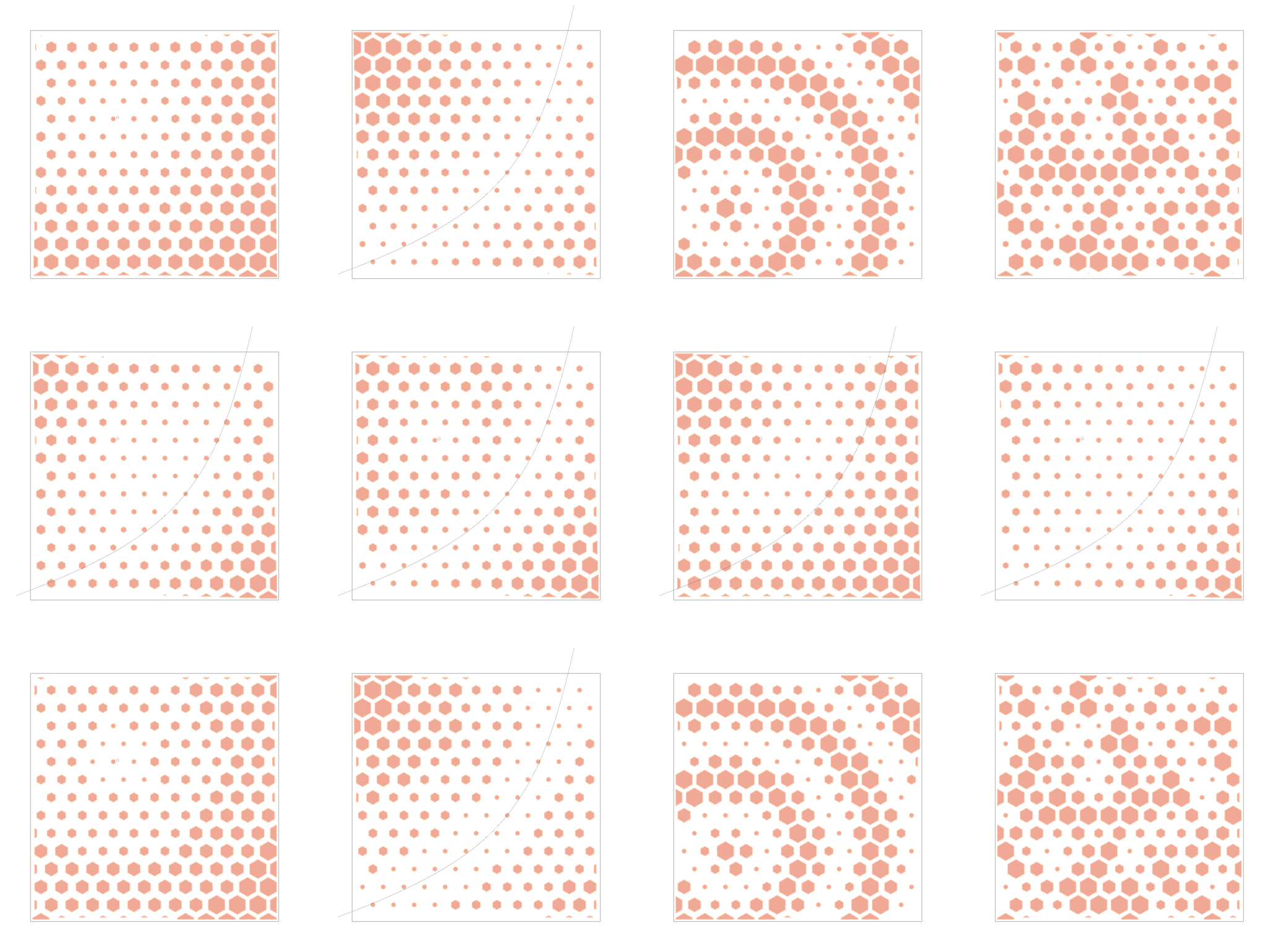 Twelve studies in a four by three grid: rows of single fields (point, curve, image, random), blends of the point and curve fields (average, minimum, maximum, multiply), and the single fields stepped