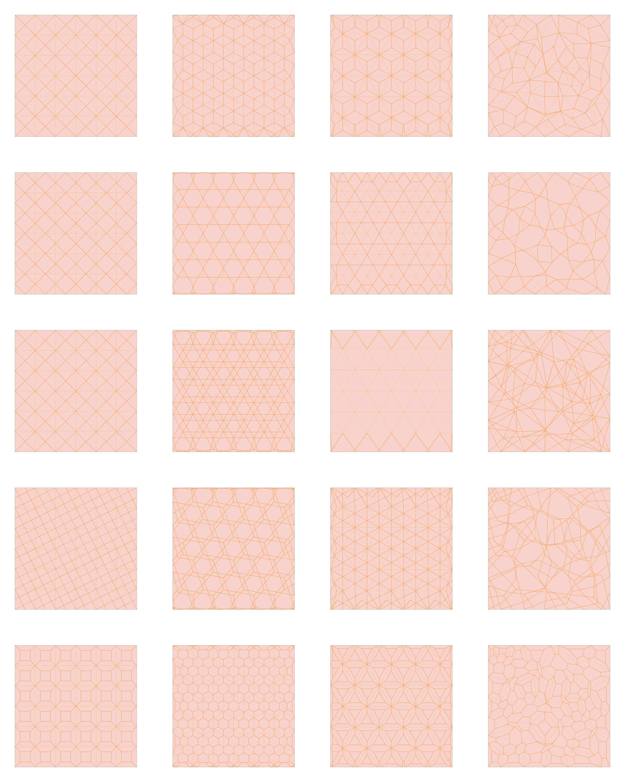 Twenty studies in a four by five grid: columns by cell (square, hex, triangle, Voronoi), rows by chord family (fan, medial, star, pinwheel, inner ring and brace)