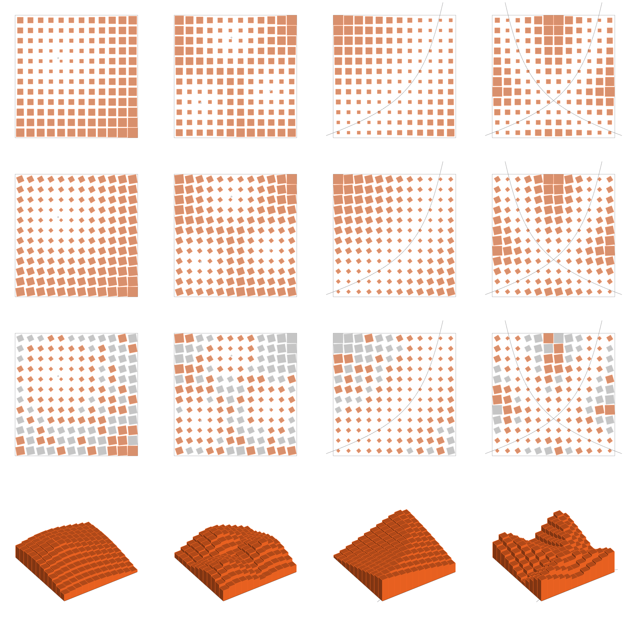 Sixteen studies in a four by four grid: columns by attractor (one point, three points, one curve, two curves), rows by solution (scale; scale and rotate; scale, rotate and cull; extrude)