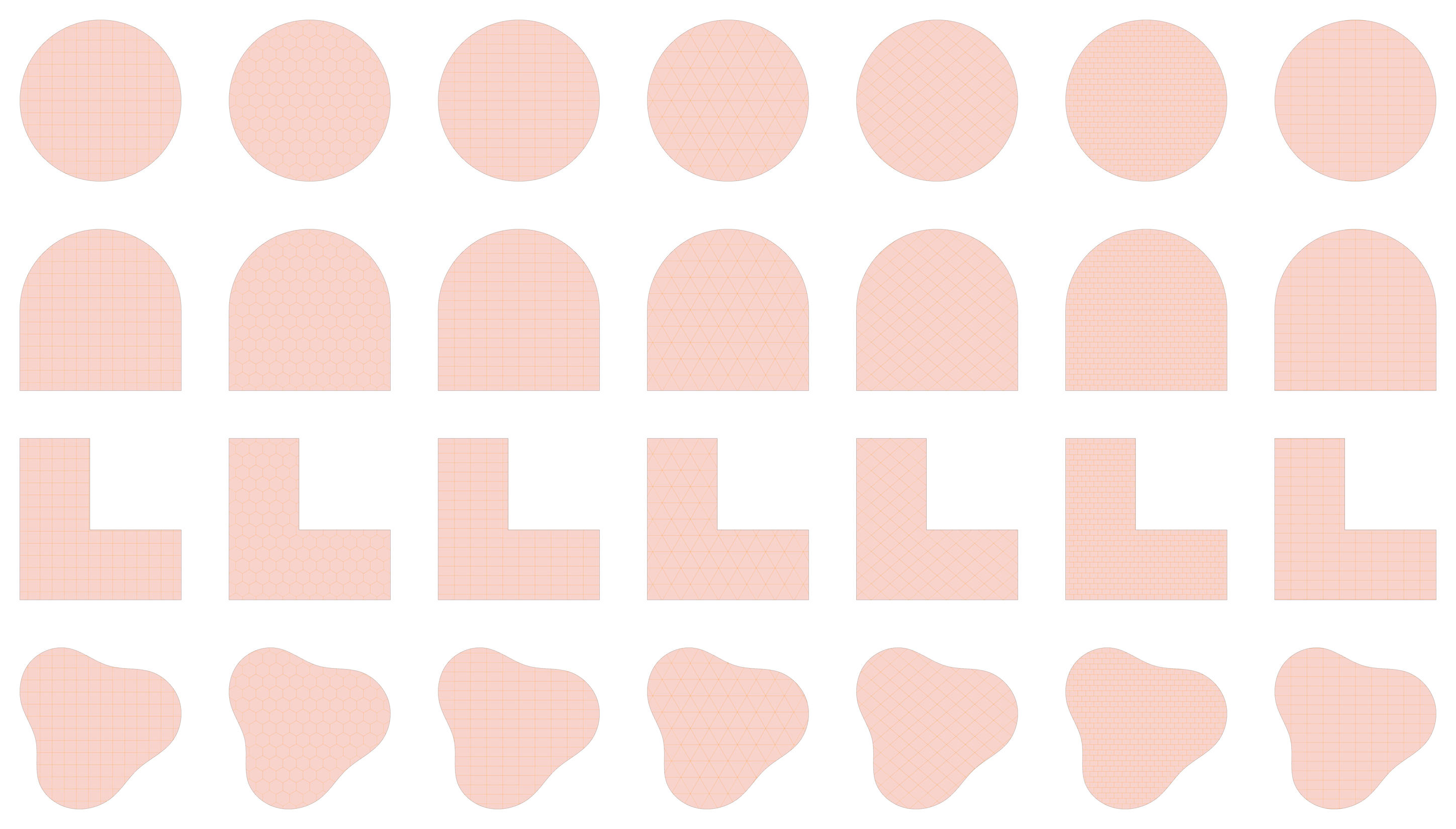 Twenty-eight studies in a seven by four grid: columns by grid (square, hex, rectangle, triangle, diamond, brick, panel), rows by region (circle, arch, L-shape, blob)